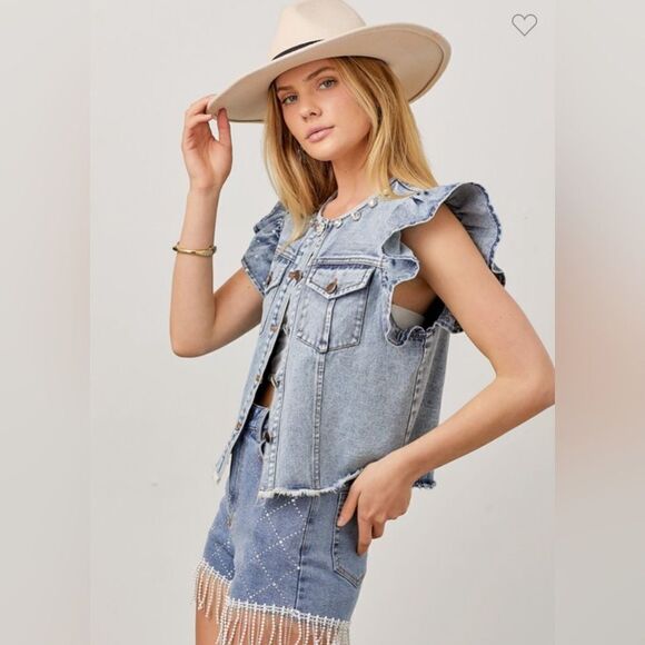800. RHINESTONE DENIM VEST RUFFLE SLEEVE - Picture 7 of 10